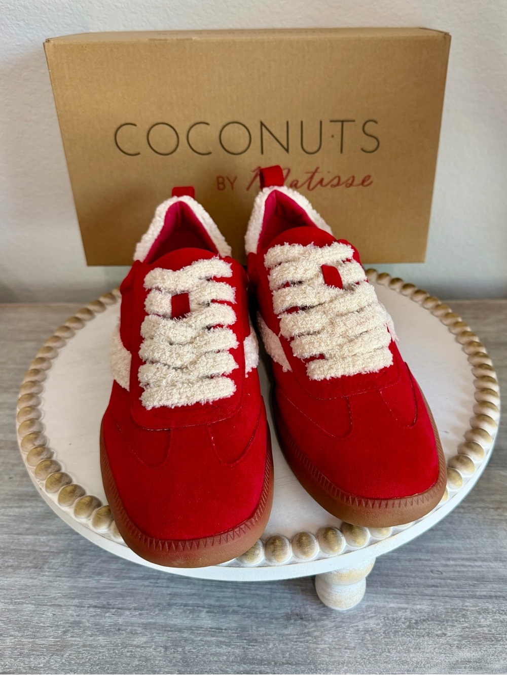 Coconuts Matisse Red Suede Sneakers Shoes Fuzzy Cream Sherpa Trim Laces 8, 8.5